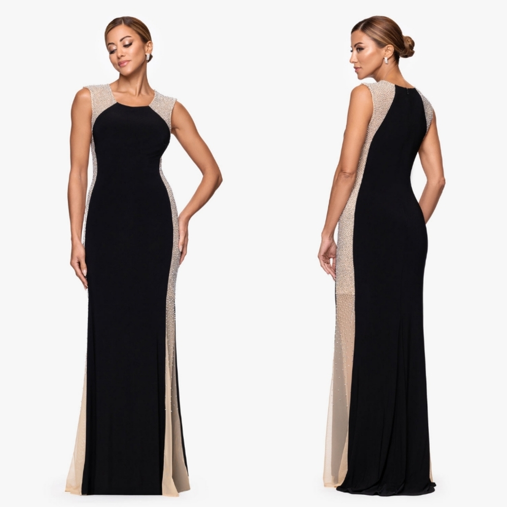XSCAPE  Madison" Long Jersey Knit Caviar Beaded Sides Dress